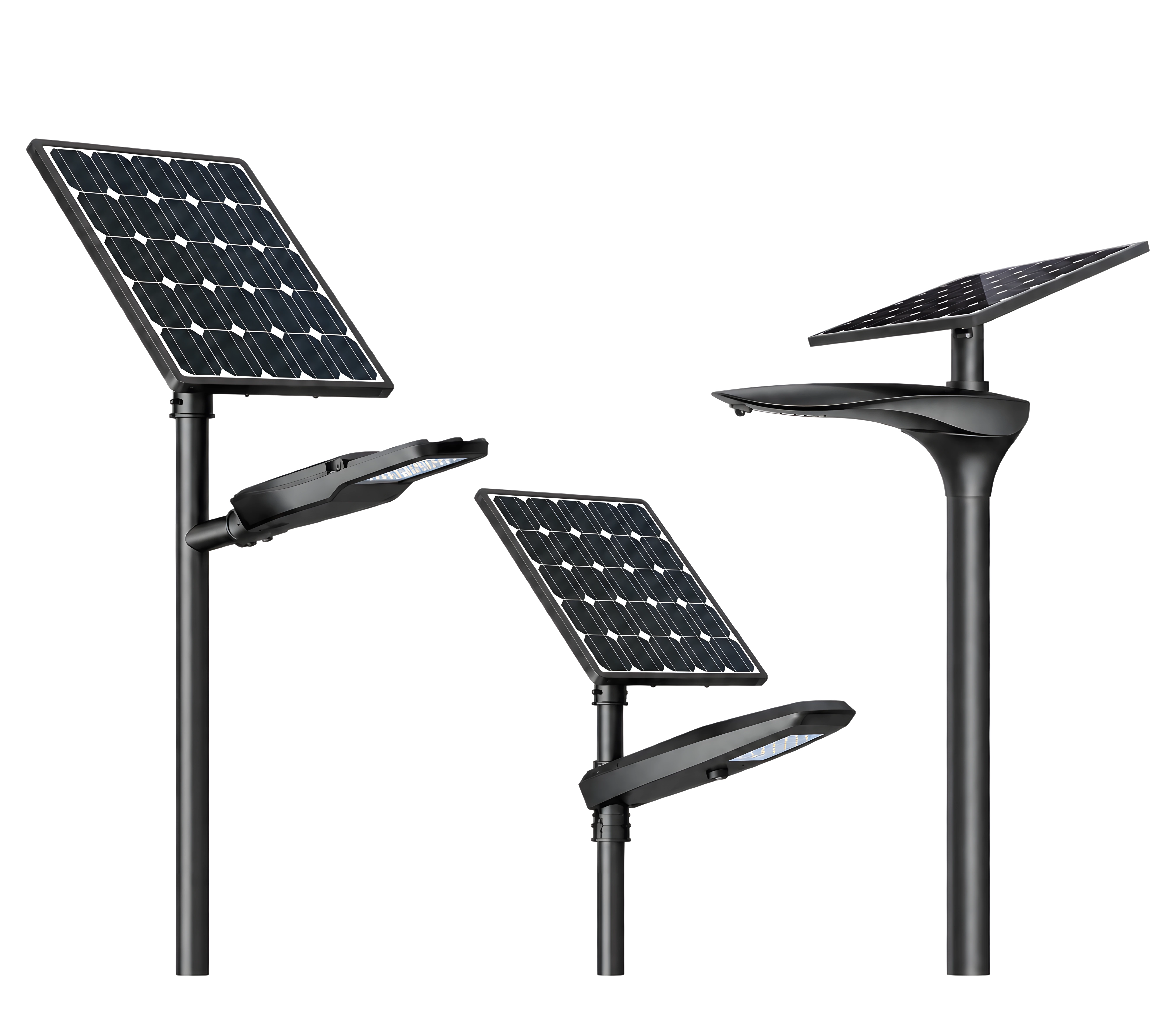Illustration of three solar street light designs with panels and luminaires.